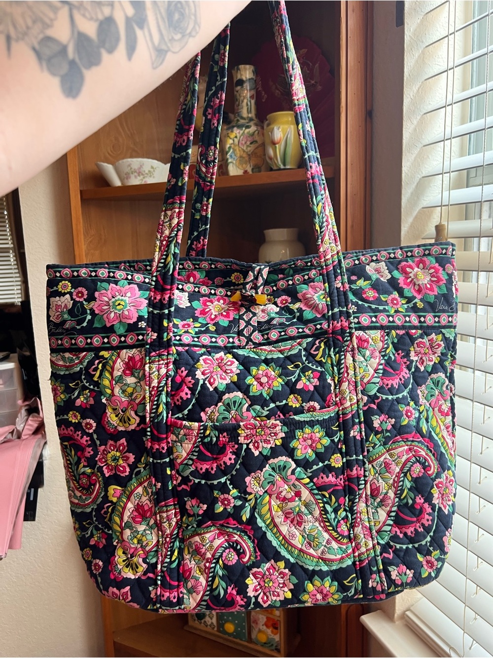Vera Bradley Quilted Paisley Floral Tote - Black with Pink & Green